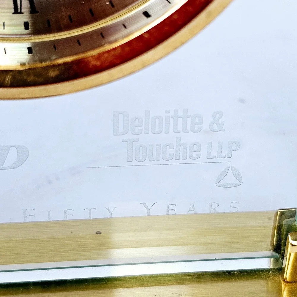 Vintage Benchmark Quartz Desk Clock Gold Tone Glass Harland Deloitte Fifty Years